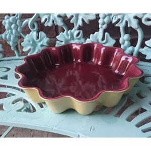 VTG MCM Catalina Pottery USA Scallop Fluted Pie Pan Dish Burgundy Yellow - READ